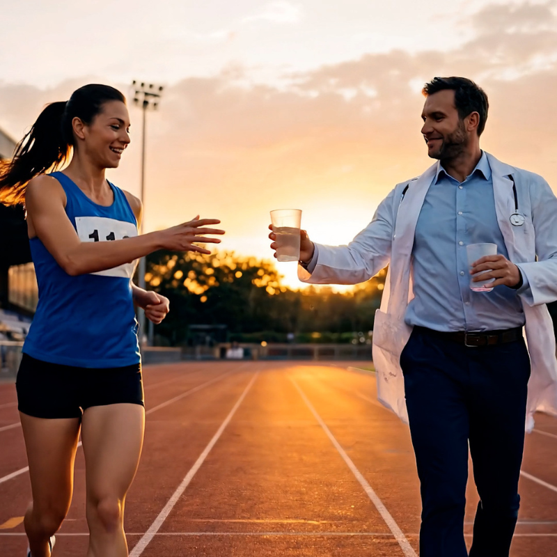 Doctor and patient celebrating on a running track